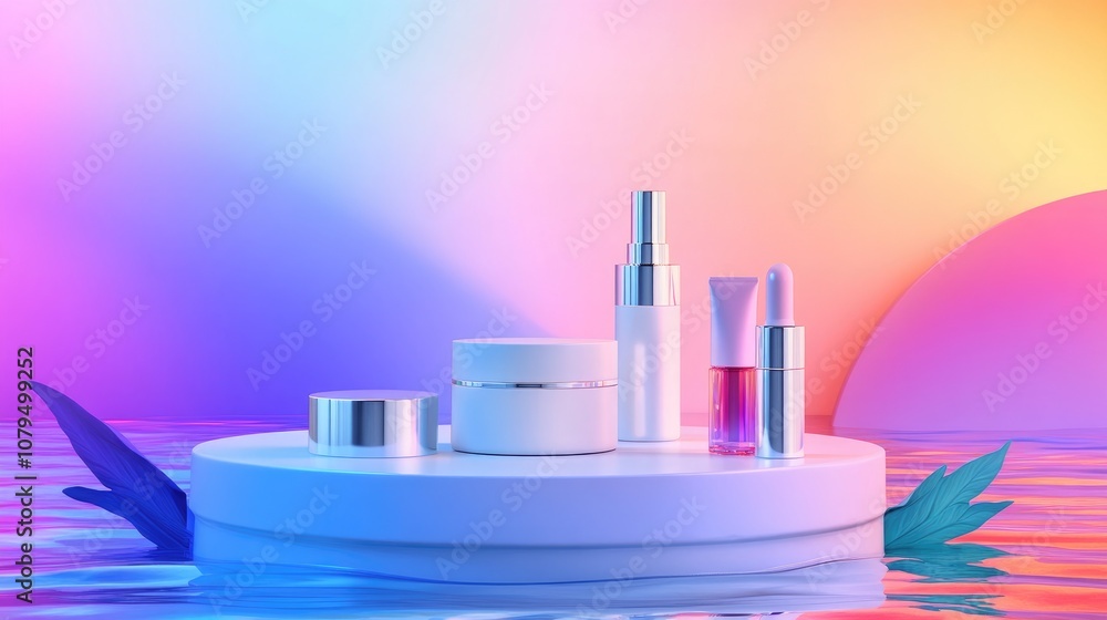 Poster vibrant 3d display of cosmetic products on a podium with a colorful water backdrop