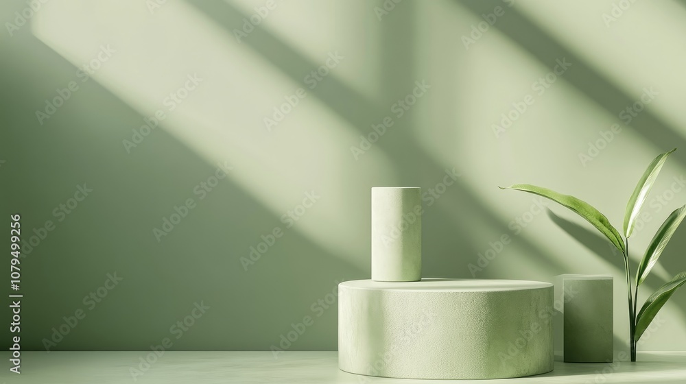 Poster minimalist abstract scene featuring geometric forms including a cylinder podium set against a green 