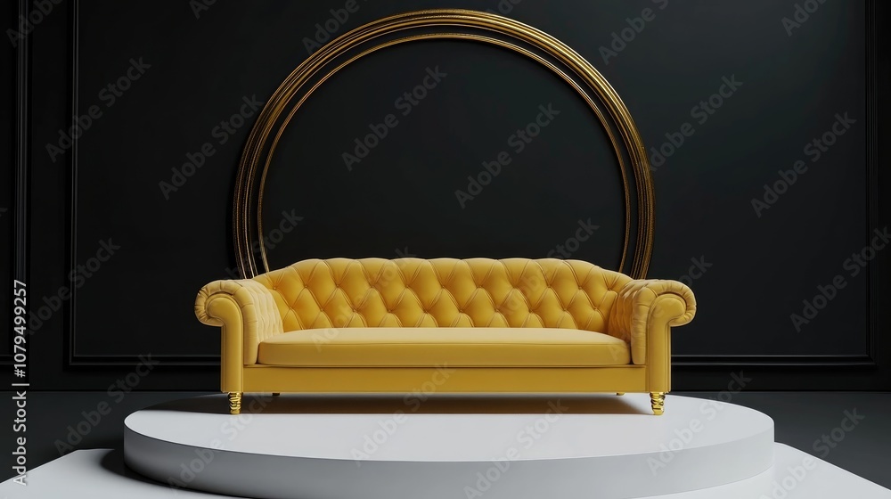 Poster yellow sofa alongside a white podium with gold trim set against a blank black background 3d renderin