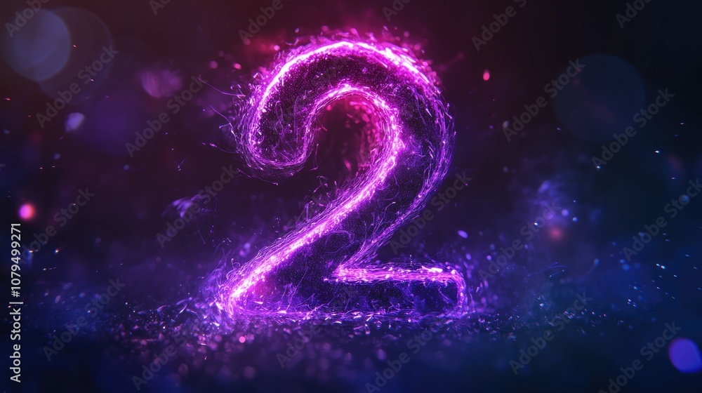 Poster Glowing purple numeral two on a dark background Digital representation of the number two with vibrant illumination