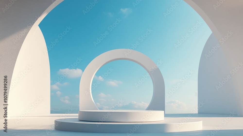 Poster empty cylinder podium against a blue sky for contemporary stage display and minimalist mockup abstra