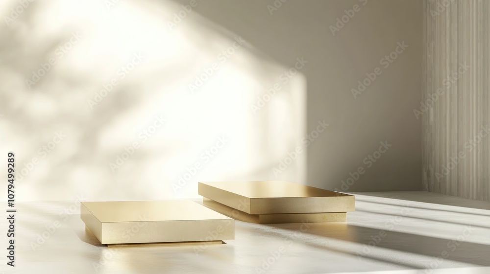 Aufkleber Empty brass square podium for geometric shapes mockup platforms for product display minimalist design composition blank showcase template 3D illustration