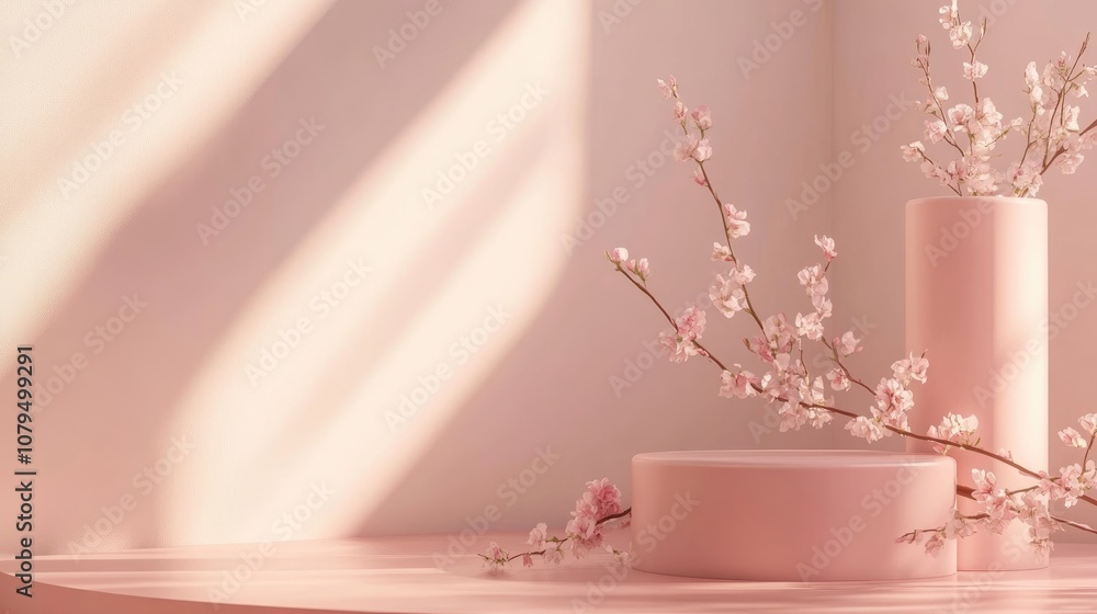 Poster 3D rendering of a minimal scene featuring a blank podium with a romantic theme Display stand ideal for product presentation mock up Cylindrical stage in a soft pink hue with a simple design Charmi