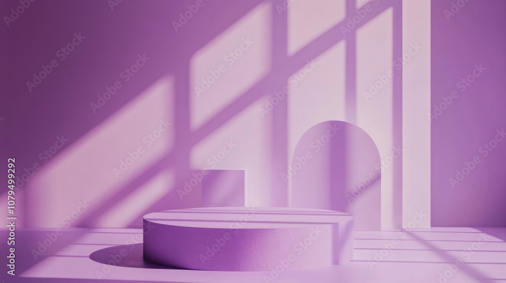 Poster empty podium with geometric shapes in a purple composition for modern stage display and minimalist m