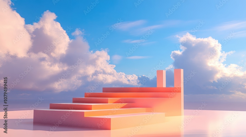 Aufkleber 3d render of stairs stage and podium set against a peach background with blue sky and clouds on a su