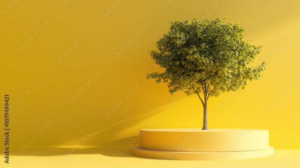 Poster Aerial perspective featuring a vibrant backdrop with a tree stand or podium set against a blank display 3D rendering