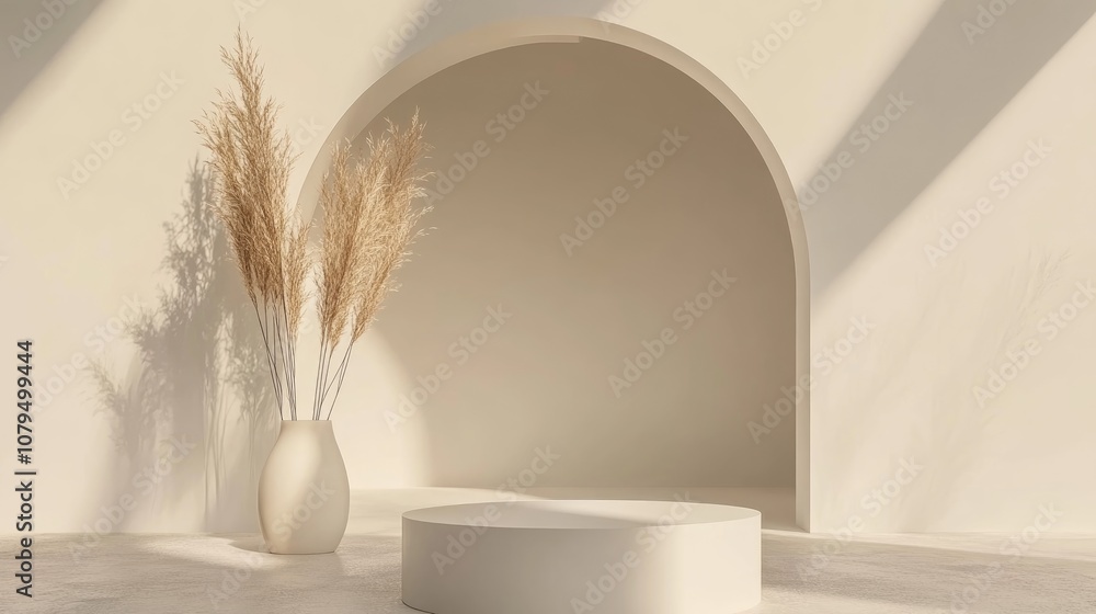 Poster Abstract white geometric shape background with a minimalist podium mock up scene 3D rendering