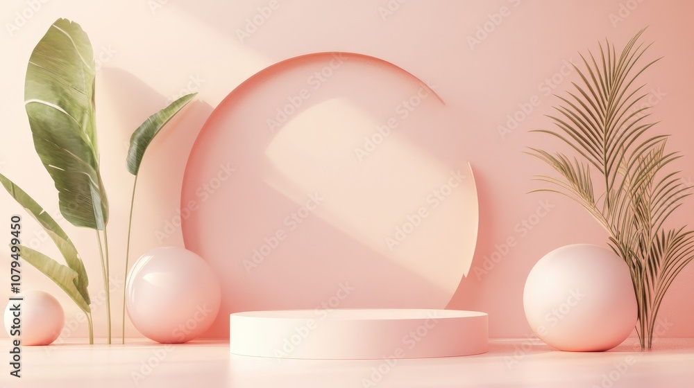 Poster square pink backdrop featuring a pink pedestal and a minimalistic 3d abstract scene created through 