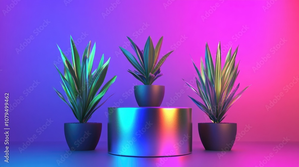Poster Isolated metallic icon on a podium surrounded by three plants in vibrant multi colored lighting Orthogonal projection 3D render