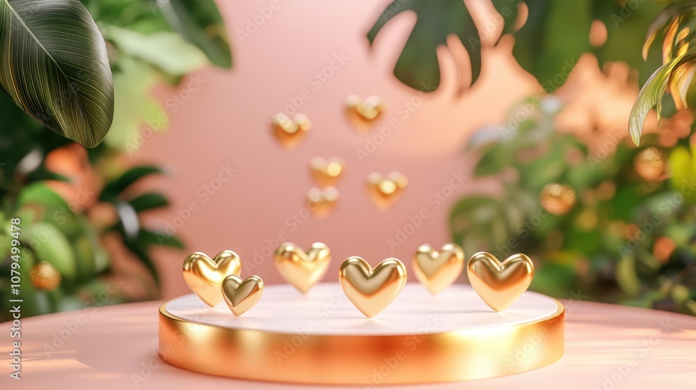 Poster realistic 3d rendering of a podium featuring golden hearts on a soft pastel peach backdrop