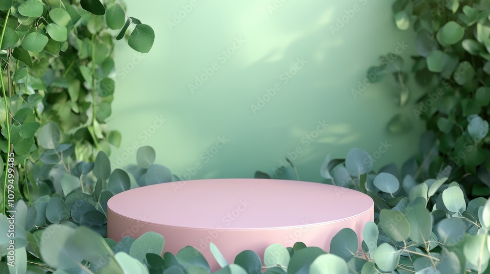 Poster glossy pink circular pedestal surrounded by green eucalyptus leaves empty space for product presenta