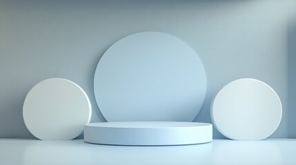 Abstract 3D scene featuring a pastel blue round podium background designed for cosmetic product presentation mockups