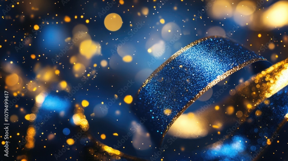 Poster abstract background featuring blue and gold tinsel or shiny ribbons adorned with bokeh particles ide