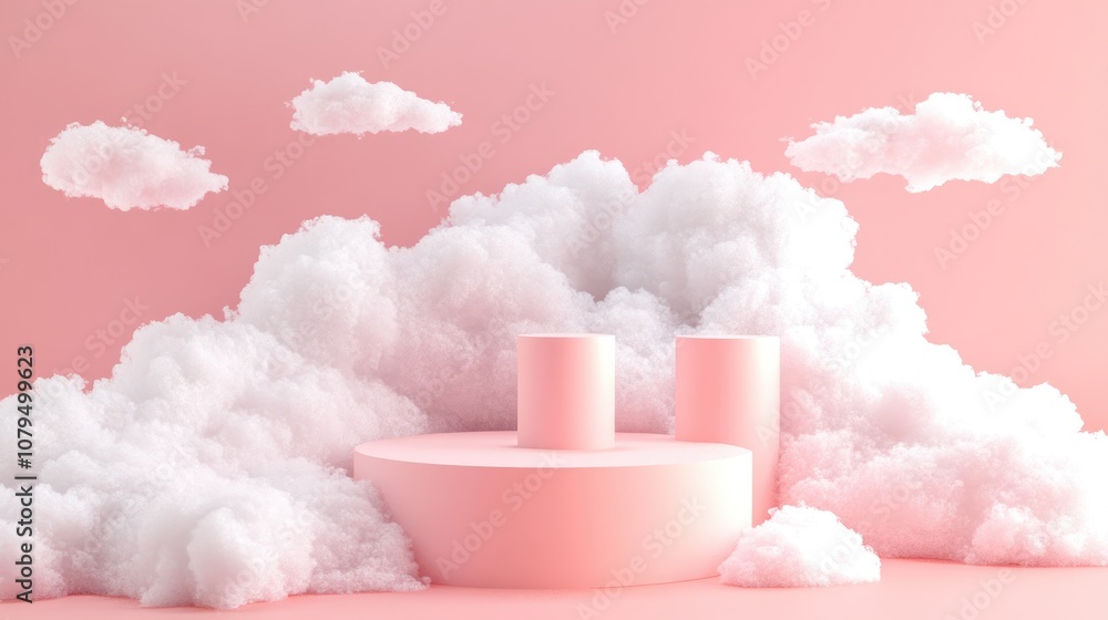 Aufkleber 3d rendering of a minimal podium scene featuring clouds against a pink pastel background showcasing 