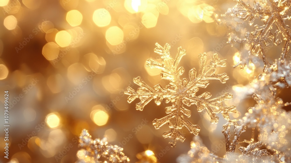 Poster golden snowflakes hang among ice crystals radiating warmth against a cool bokeh background producing