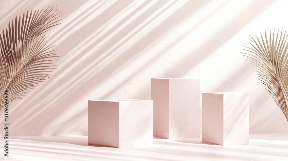 Poster three empty glossy pink stands with an abstract white geometric background podium and platform for s
