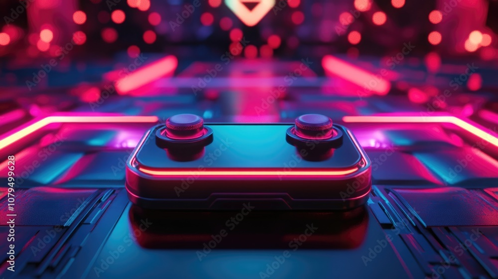 Poster 3d illustration of a gaming button set against an abstract sci fi cyberpunk background with a neon s