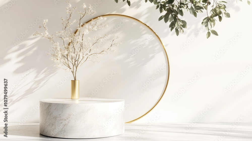 Poster White and gold geometric pedestal with a minimal circular backdrop and a pillar Abstract studio setting for cosmetic product displays Promotional showcase in a minimalistic scene 3D rendering