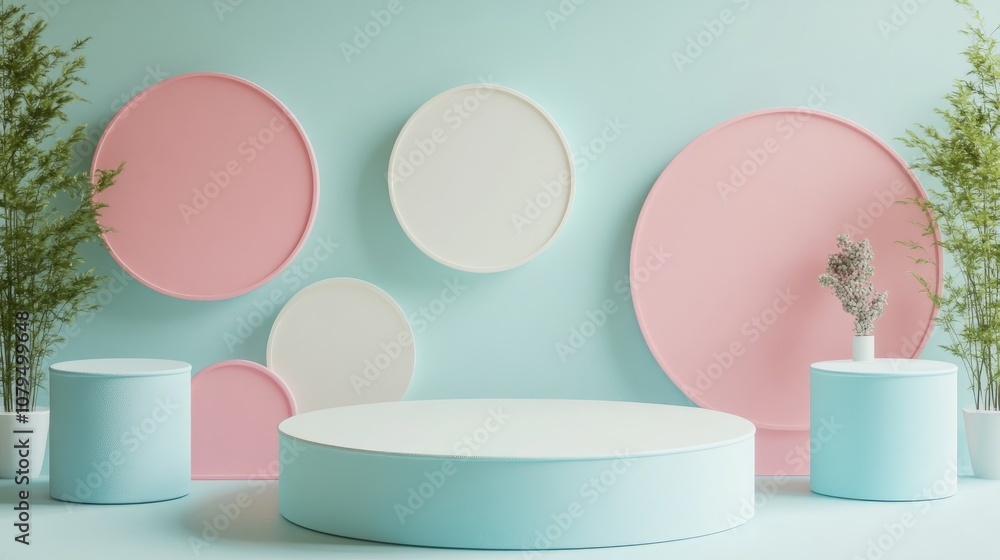 Poster Pastel colored podium setup featuring geometric shapes in the background for product display 3D rendering