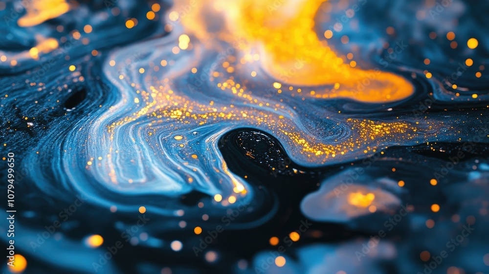 Poster Caustic fluid emits a soft glow with shimmering reflections on its surface