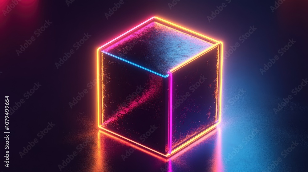 Poster this isometric 3d illustration of a cube showcases a floating effect and vibrant neon lights creatin