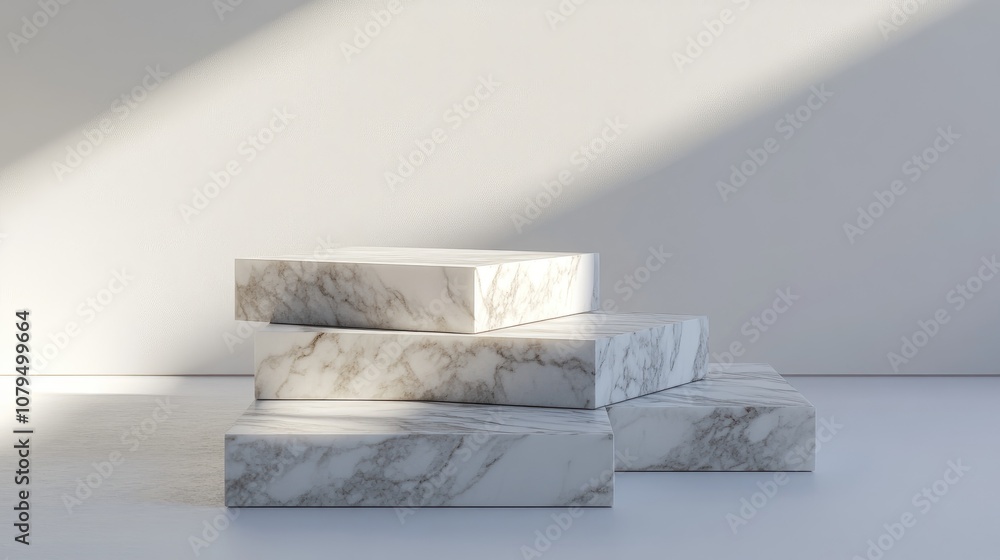 Poster 3D rendering of overlapping square marble pedestals designed for product displays on a white floor The podium is suitable for advertising and features a minimalist style against a white background