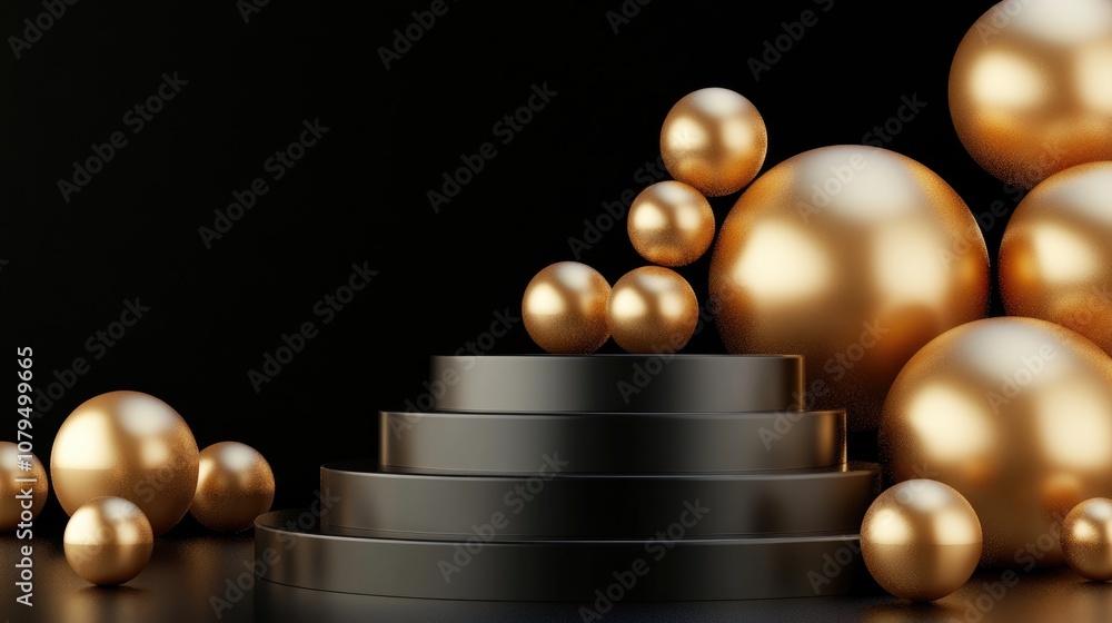 Poster Gold empty product display podium on a black background featuring geometric shapes and spheres A representation of marketing and advertising 3D rendering