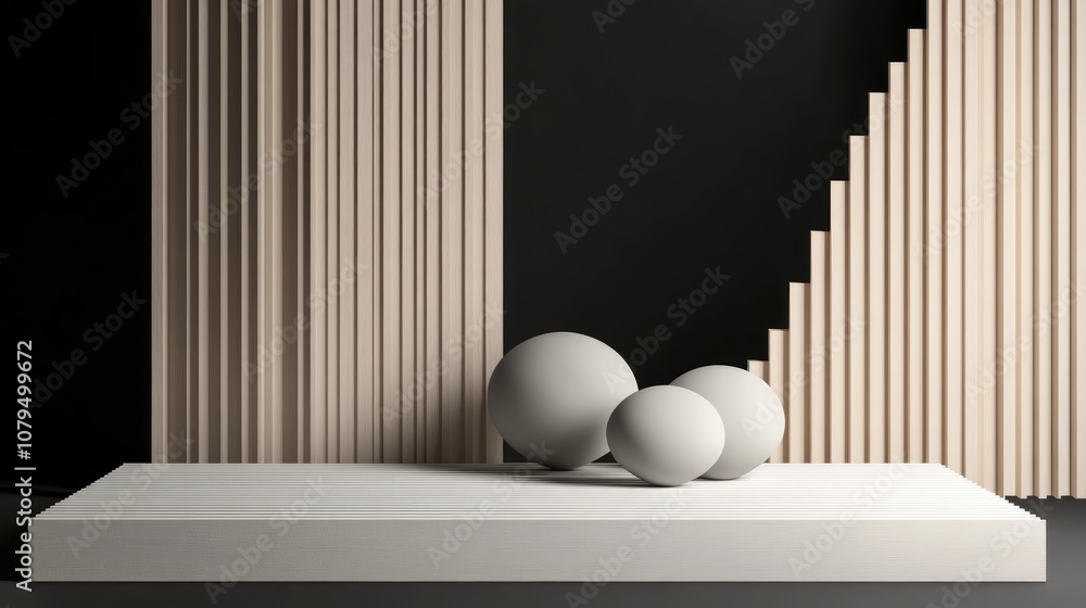 Poster Minimalistic white wood showcase featuring abstract geometric shapes on a black background Front view 3D rendering mockup