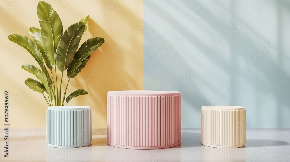 Poster 3D rendered cylinder podium on the floor with geometric shapes serving as platforms for product presentation and mockup featuring an abstract pastel background