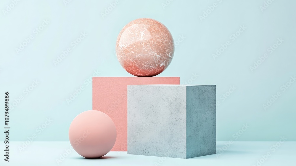 Aufkleber Geometric shapes against a sky blue pastel background create a modern display for minimalist mockups serving as an abstract showcase 3D illustration or render concept
