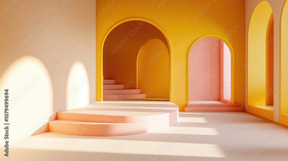 Aufkleber Abstract composition featuring geometric shapes in a 3D rendering Minimalistic bright studio setup with an empty podium staircase and arches for promotional displays and product presentations