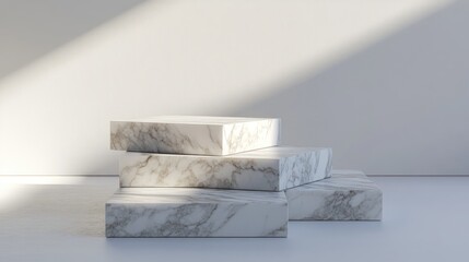 3D rendering of overlapping square marble pedestals designed for product displays on a white floor The podium is suitable for advertising and features a minimalist style against a white background