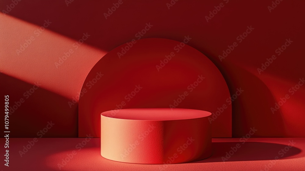 Poster 3d render of a contemporary red realistic cylindrical pedestal stage or product display with a semi 