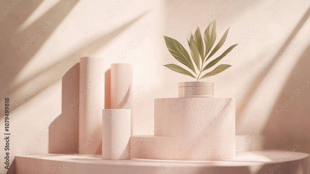 Poster Minimalistic scene featuring geometric shapes with cylinder podiums in the background and a paper leaf on a column Designed to highlight a cosmetic product suitable for a showcase or display 3D re