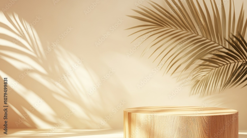 Poster light beige and pastel orange 3d rendering of a simple minimal wooden podium background featuring a 