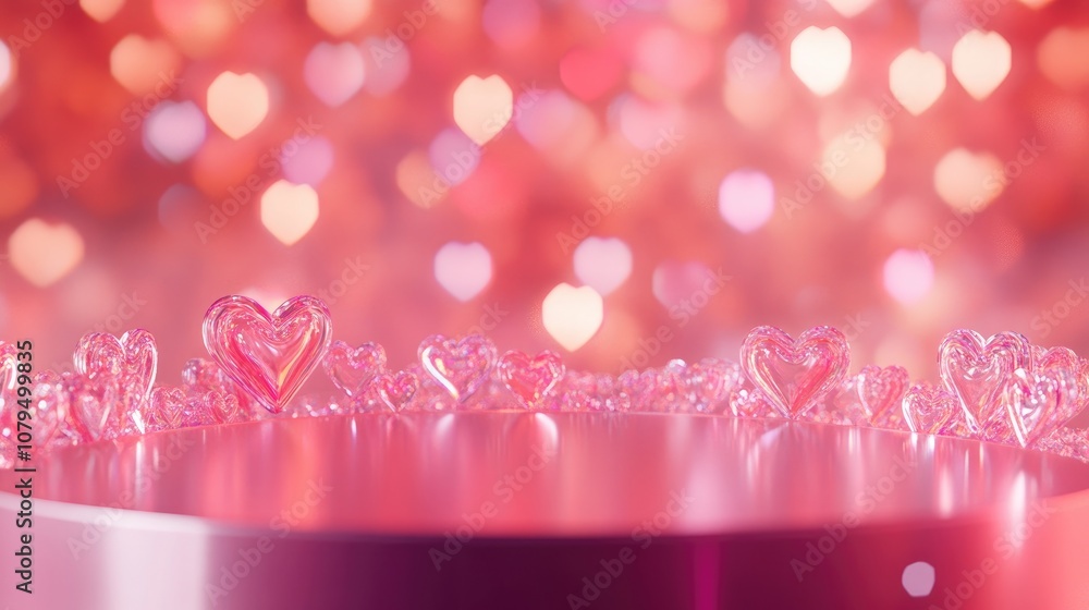 Poster valentine s day themed podium backdrop featuring a bokeh background of crystal hearts rendered in 3d