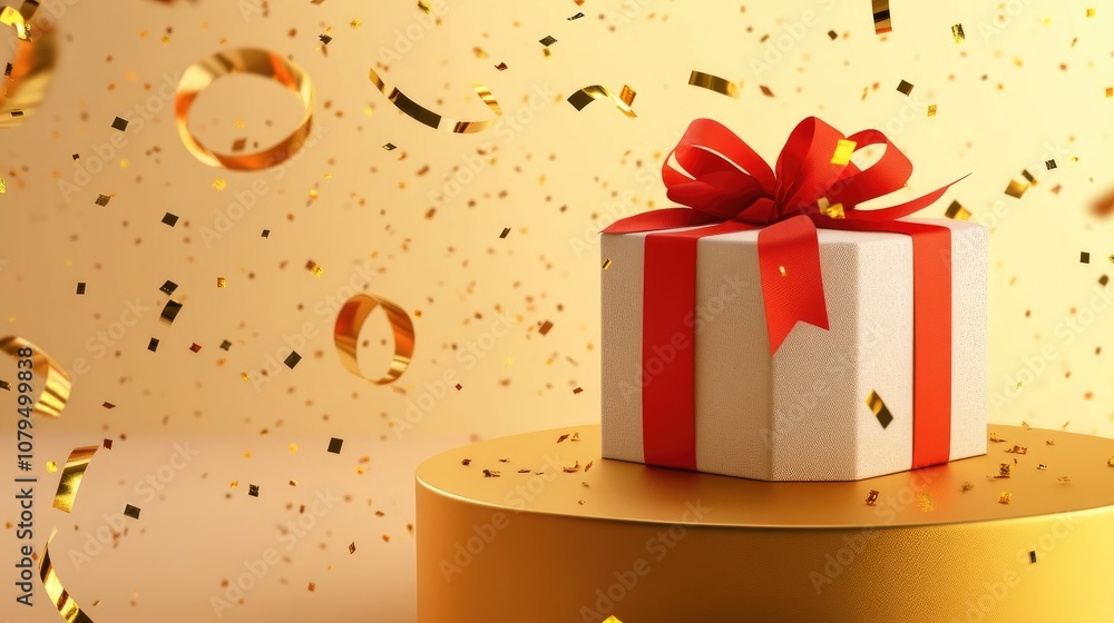 Poster Gift box with a red ribbon and gold floating ribbon on a round podium with a craft style background for a promotional event
