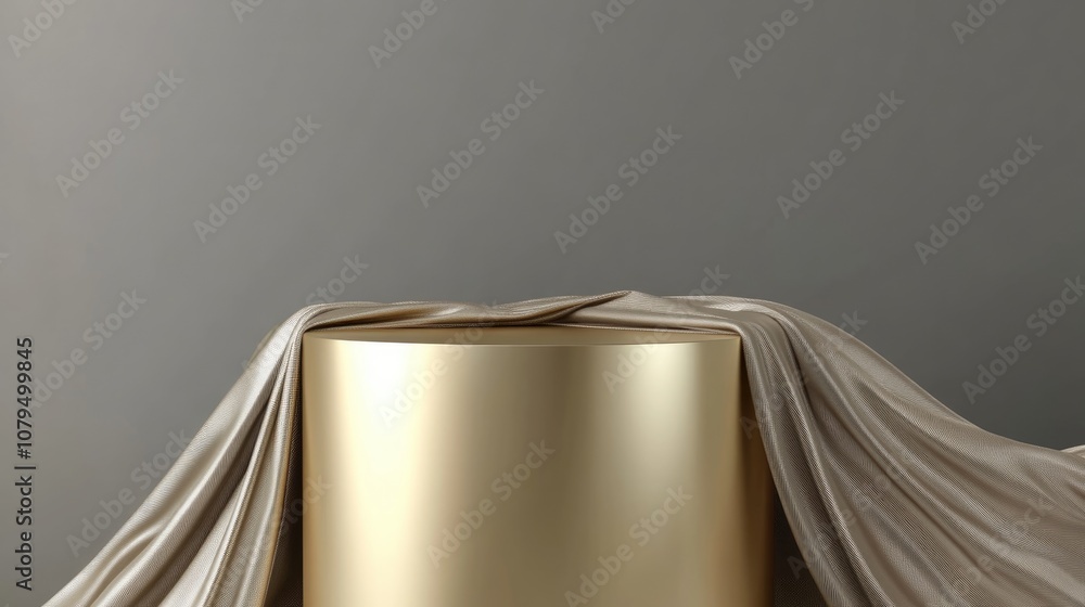 Aufkleber 3d rendering of a gold cylindrical podium against a gray backdrop featuring drapery