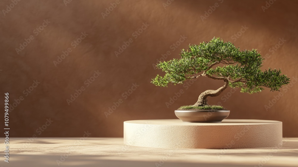 Poster Minimalist abstract background featuring a podium and a bonsai tree against a brown backdrop ideal for product display 3D rendering illustration
