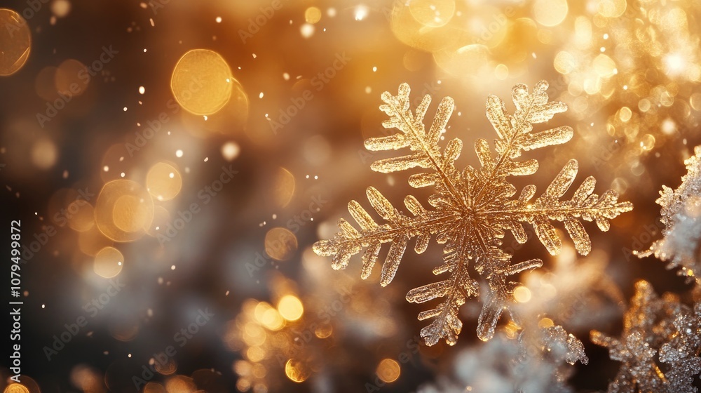 Poster golden snowflakes hang among ice crystals radiating warmth against a cool bokeh background producing