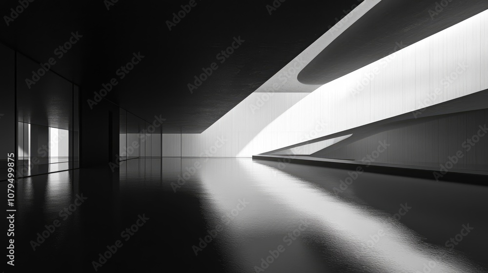Aufkleber Abstract modern architecture with a black background featuring an empty open space interior 3D rendering