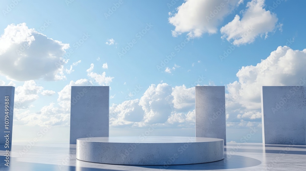 Poster empty cylinder podium against a blue sky for contemporary stage display and minimalist mockup abstra