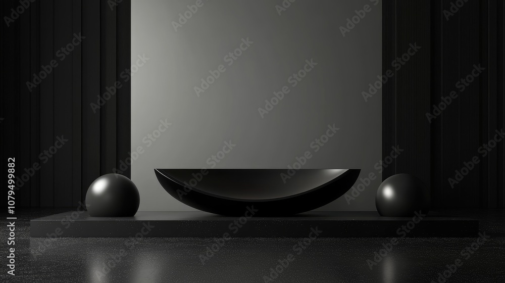 Leinwandbilder 3d rendering of a black geometric display stand in a dark setting
