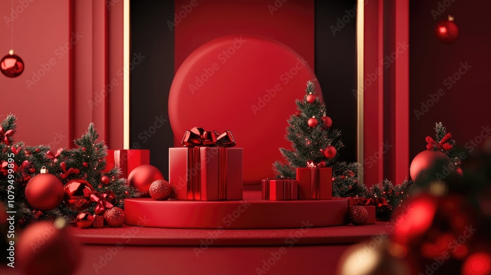 Poster 3d render of a podium backdrop in red hues suitable for holiday product displays