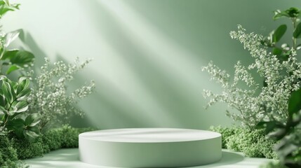 Empty podium display on green backdrop 3D rendering