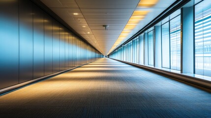Fototapeta premium Modern Architectural Corridor with Soft Lighting and Floor-to-Ceiling Windows Creating a Spacious and Inviting Atmosphere in an Urban Setting