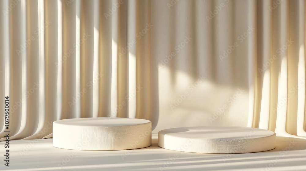 Poster 3D empty podium set against a minimalist abstract background featuring platforms for showcasing cosmetic products 3D illustration of two pedestals for creative display