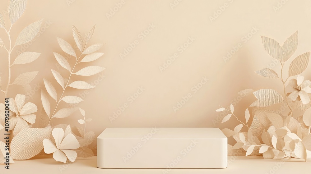 Aufkleber trendy pastel beige abstract nature scene featuring an empty white square podium adorned with handma