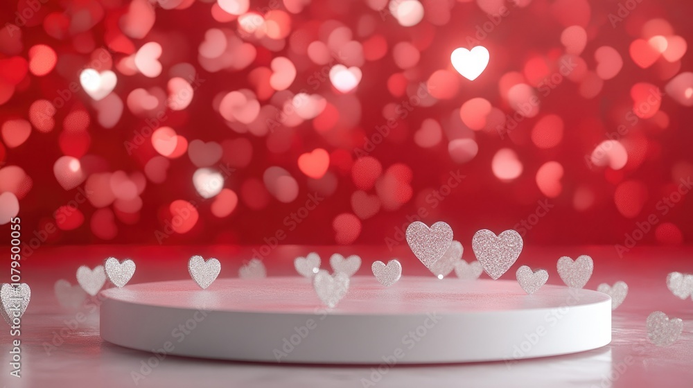Poster valentine s day themed podium backdrop featuring a bokeh background of crystal hearts rendered in 3d