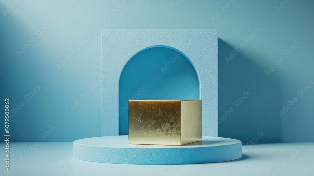 Poster Blue and gold cube podium on a blue background Abstract minimal geometric shape in a studio setting Mockup space for product design display 3D rendering